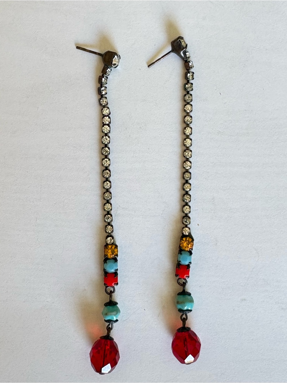 Crystal Chain Drop Earrings with Red Teardrop and Turquoise Beads from Paris
